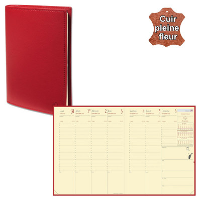 QUOVADIS - Agenda PRESIDENT Prestige cuir pleine fleur Montebello rouge 21x27cm - 1 semaine sur 2 pages