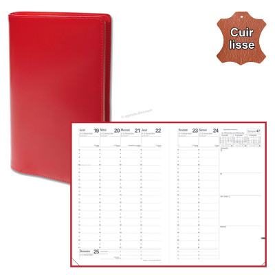 QUOVADIS - Agenda MINISTRE cuir vachette lisse Luna rouge dali 16x24cm - 1 semaine sur 2 pages