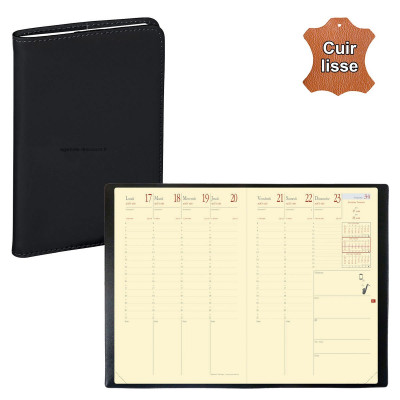 QUOVADIS - Agenda MINISTRE Prestige cuir vachette lisse Luna noir ébène 16x24cm - 1 semaine sur 2 pages