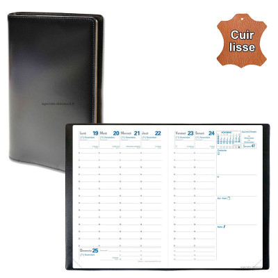 QUOVADIS - Agenda de poche AFFAIRES cuir vachette lisse Luna noir ébène 10x15cm - 1 semaine sur 2 pages