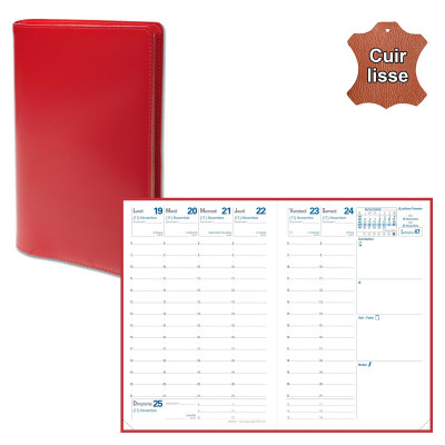 QUOVADIS - Agenda de poche AFFAIRES cuir vachette lisse Luna rouge dali 10x15cm - 1 semaine sur 2 pages