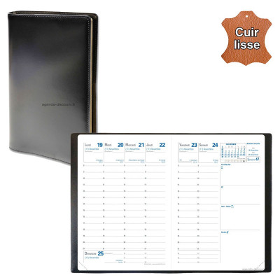 QUOVADIS - Agenda de poche RANDONNEE cuir vachette lisse Luna noir ébène 9x12,5cm - 1 semaine sur 2 pages