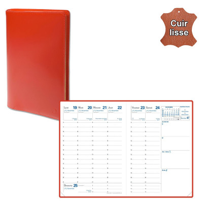 QUOVADIS - Agenda de poche RANDONNEE cuir vachette lisse Luna rouge dali 9x12,5cm - 1 semaine sur 2 page