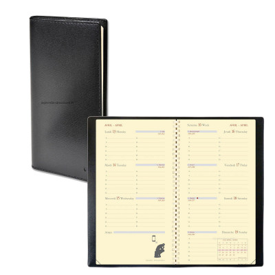 QUOVADIS - Agenda de poche PLANORIZON avec répertoire couverture Soho noir ébène 8,8x17cm - 1 semaine sur 2 pages