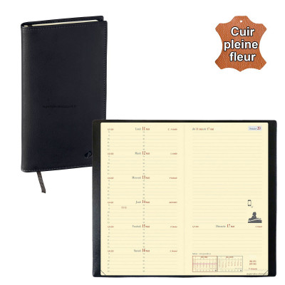 QUOVADIS - Agenda de poche ITALNOTE cuir pleine fleur Montebello noir 8,8x17cm - 1 semaine sur 1 page + NOTES