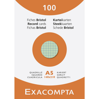 100x Fiches bristol EXACOMPTA - 14,8x21cm A5- (petits carreaux) 5x5mm - (COLORIS ASSORTIS)