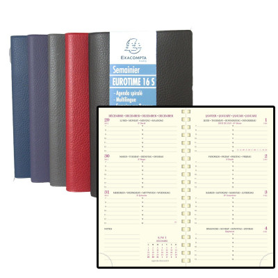 EXACOMPTA - Agenda Eurotime 16W Cassandra - 160x90mm - 1 semaine sur 2 pages - spirale (COLORIS ALEATOIRES)