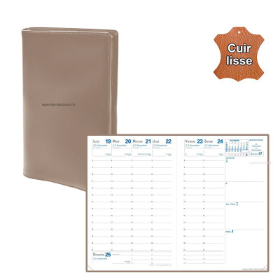 QUOVADIS - Agenda de poche AFFAIRES cuir vachette lisse Luna Taupe 10x15cm - 1 semaine sur 2 pages