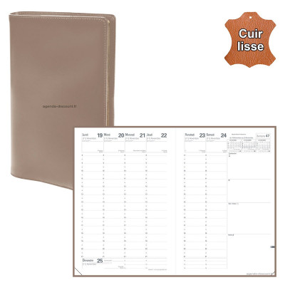 QUOVADIS - Agenda MINISTRE cuir vachette lisse Luna taupe 16x24cm - 1 semaine sur 2 pages