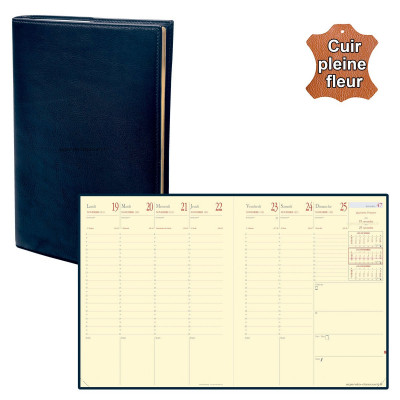 QUOVADIS - Agenda PRESIDENT Prestige cuir pleine fleur Montebello bleu marine 21x27cm - 1 semaine sur 2 pages